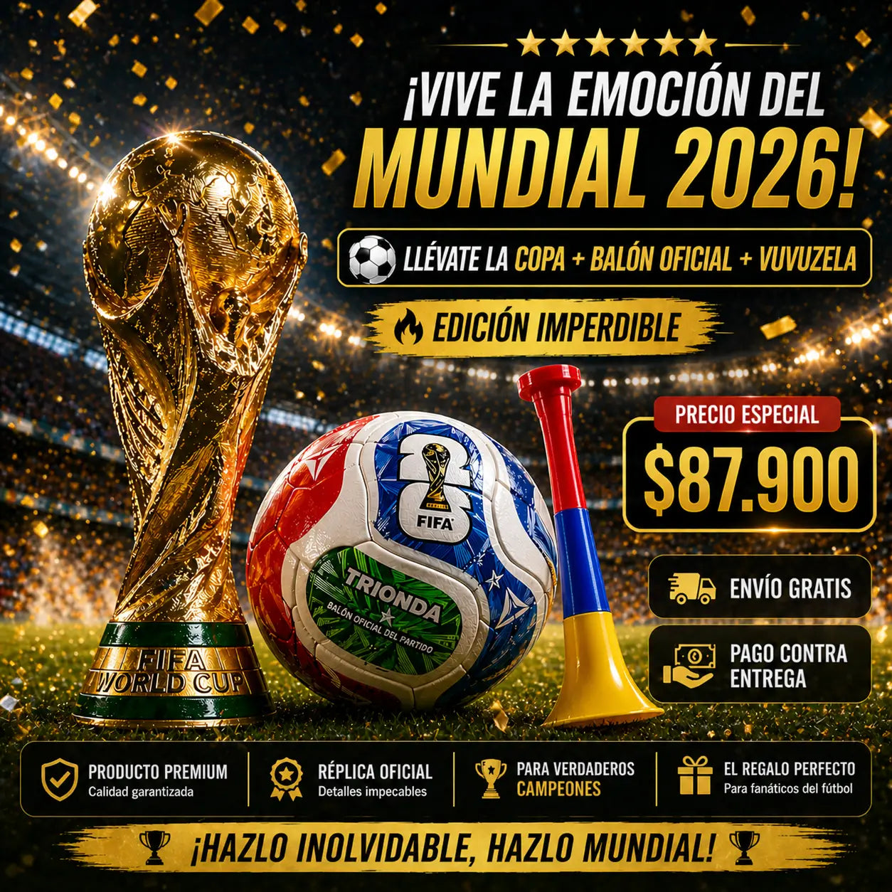 BALON OFICIAL MUNDIAL 2026 + COPA DEL MUNDO + VUVUZELA DE OBSEQUIO