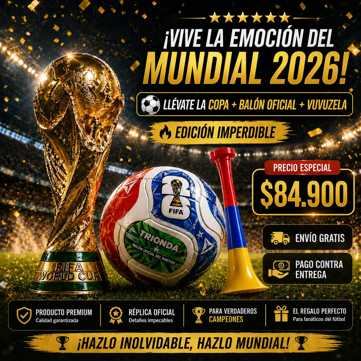 BALON OFICIAL MUNDIAL 2026 + COPA DEL MUNDO + VUVUZELA DE OBSEQUIO