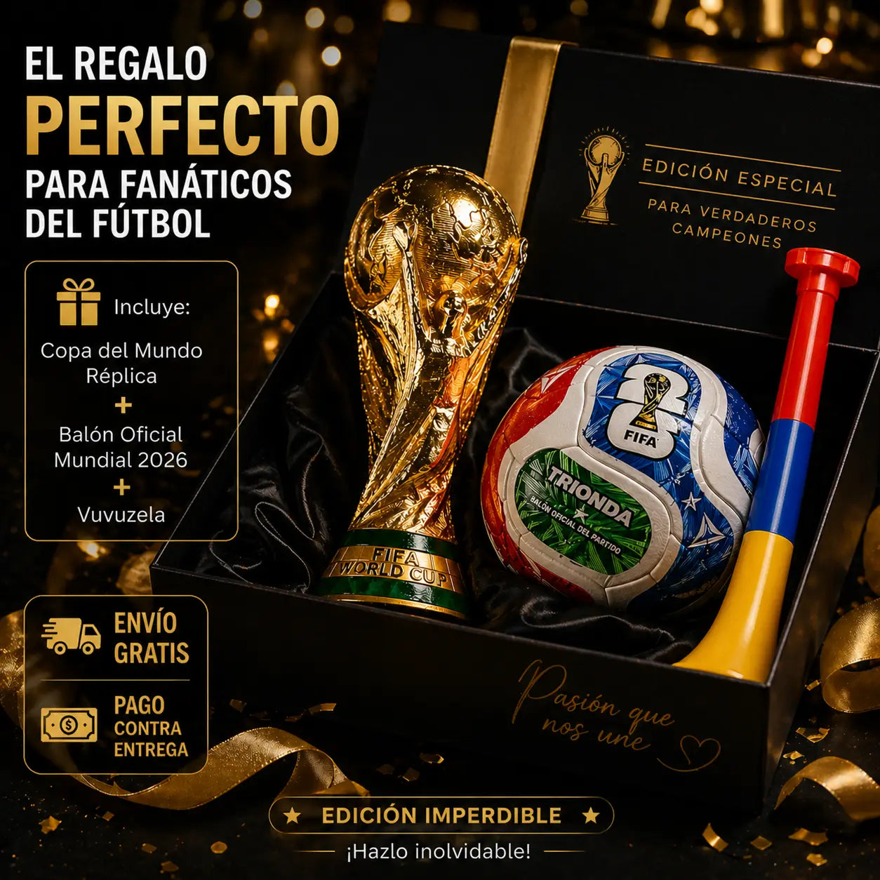 BALON OFICIAL MUNDIAL 2026 + COPA DEL MUNDO + VUVUZELA DE OBSEQUIO